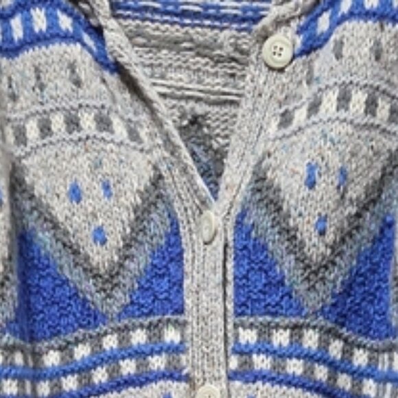 Vintage Segrets Cozy Blue and Gray Hand Knitted Wool Blend Cardigan Sweater - Picture 5 of 8